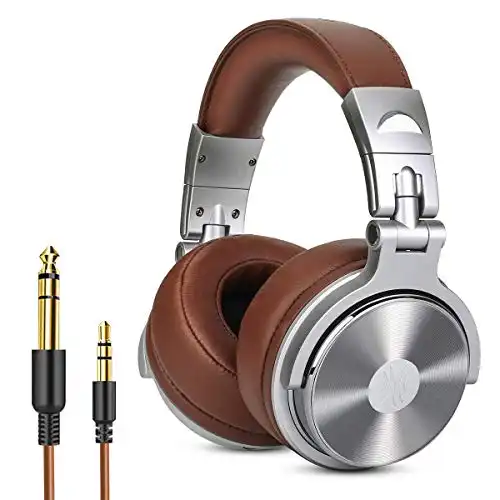 Over Ear Headphone, Wired Premium Stereo Sound Headsets with 50mm Driver, Foldable Comfortable Headphones with Protein Earmuffs and Shareport for Recording Monitoring Podcast PC TV- with Mic (Silver)